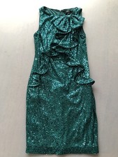 Badgley Mischka Cocktail Kleid Pailletten Grün Gr.8 / 36-38 Rüschen Schleife