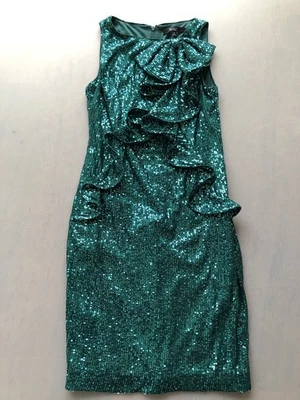 Badgley Mischka Cocktail Kleid Pailletten Grün Gr.8 / 36-38 Rüschen Schleife - Bild 1 von 4
