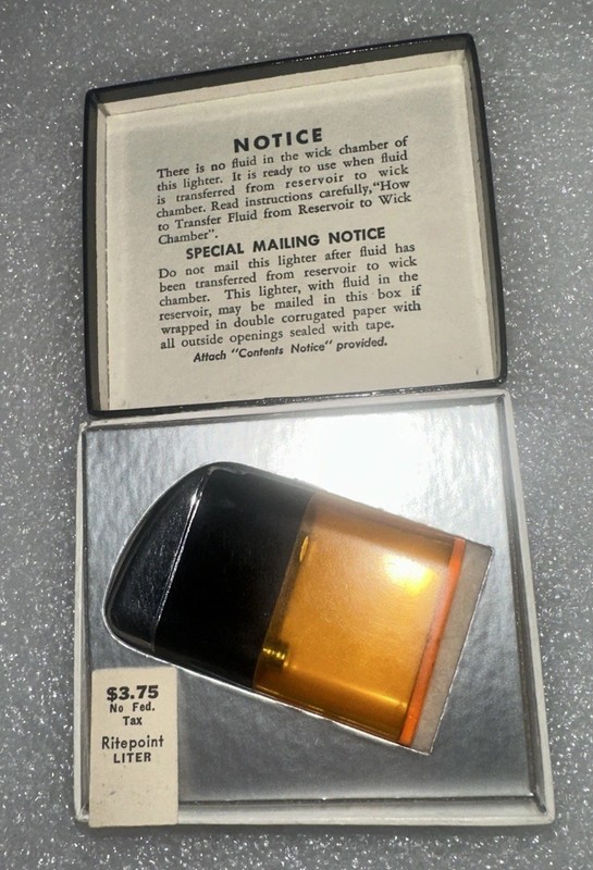 ‘49 Ritepoint Liter Collectible Amber Lighter Visual Fuel Supply Original box