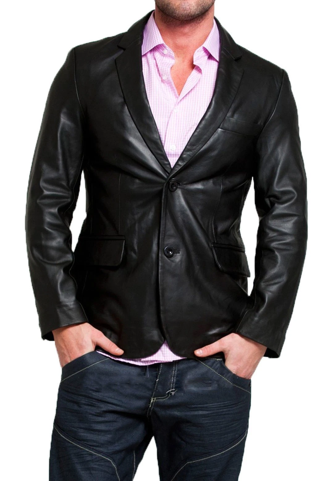 Leather Blazer Jacket Men's Coat Lambskin Soft Men Two Real Button 100% Black 88