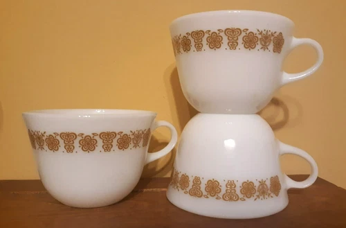 Vintage 70s Pyrex Butterfly Gold Milk Glass Coffee Tea Cup Mug, Set of 3