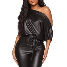 Women Bodysuits  PU Lace up Solid Off shoulder Tights Plus Size Jumpsuits 87719