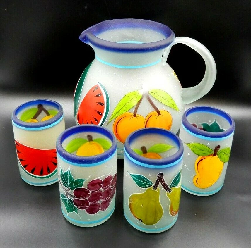 VINTAGE MEXICAN BLOWN HAND PAINTED MIXED FRUIT GLASS PITCHER & 4 GLASSES SET