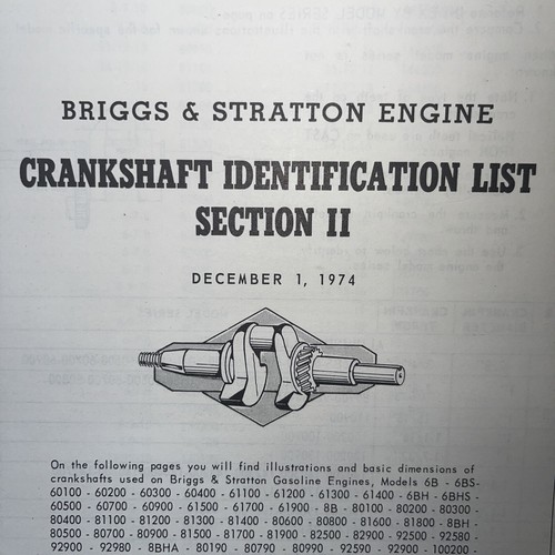 BRIGGS & STRATTON CRANKSHAFT IDENTIFICATION LIST SECTION 2 1974 DIMENSIONAL DATA
