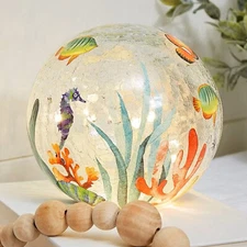 LED Lighted Sealife Nautical Crackle Glass Globe Ball Lamp Tabletop Home Decor