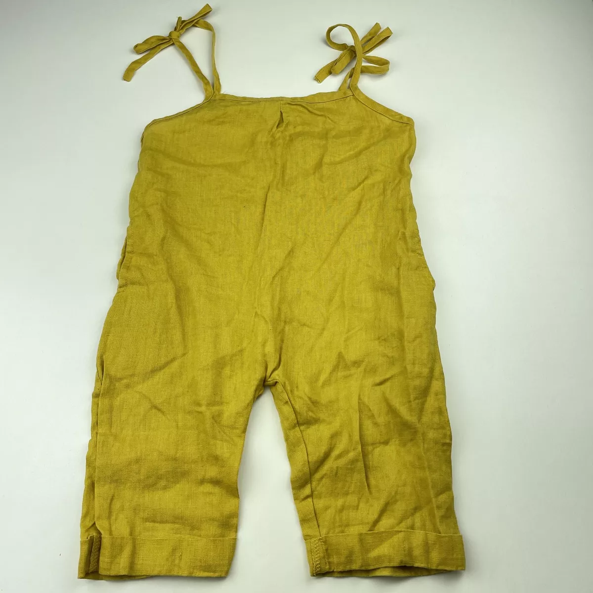 Girls size 5 6 JUNIOR yellow linen summer overalls Inside leg