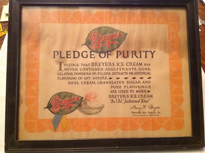Breyer's Ice Cream Framed Pledge Of Purity Vintage Diploma