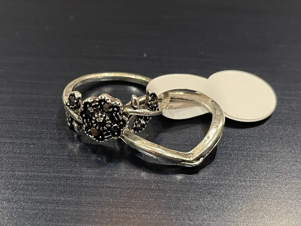 Anillo Banda Flor Floral Marcasita 2 Piezas Bali Plata Apilable Bohemio Boho Gitano Foto 4 de 4