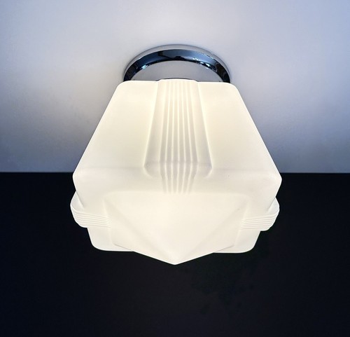 Antique 20s 30s Art Deco Machine Age Milk Glass Gatsby Theater Ceiling Light Vtg - Picture 5 of 21