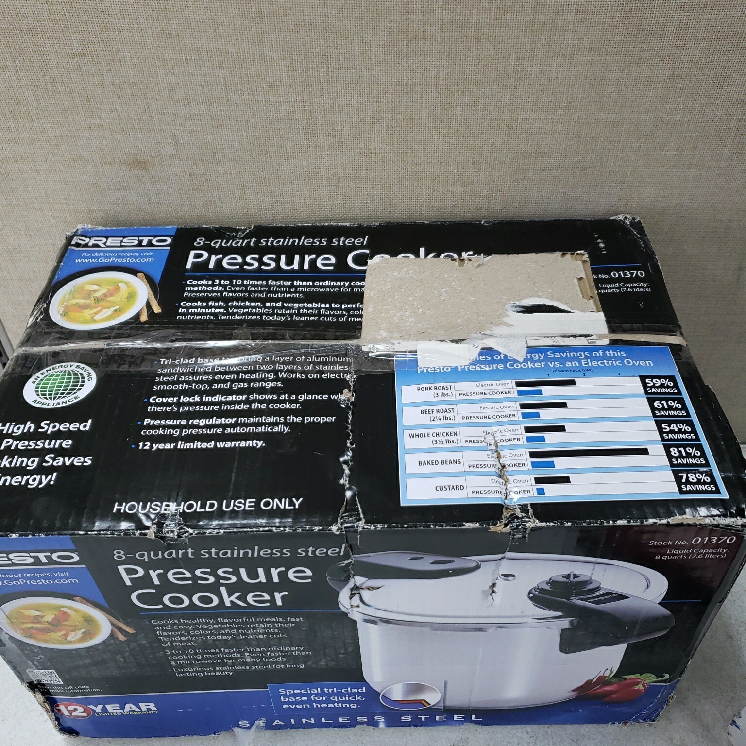 NEW Presto 8 QT Stainless Steel Pressure Cooker 01370 Presto. Damaged Box