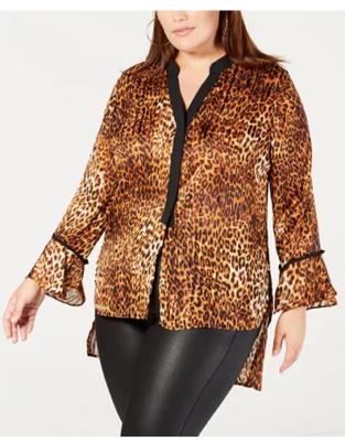 NY Collection Women Blouse Brown High Low Cheetah, Size 2XP NY Collection Women Blouse Brown High Low Cheetah, Size 2XP