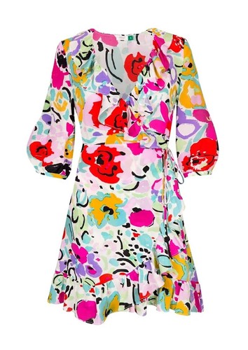 Rixo Abigail Bright Floral Silk Crepe De Chine Wrap Mini Dress Size Large