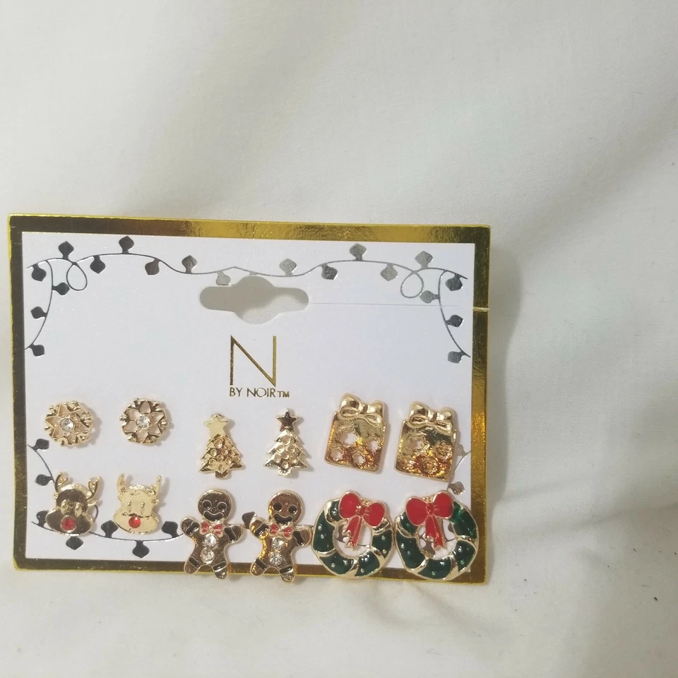 6 Juegos Pendientes de Oro Navidad N por Noir Casa del Árbol Arrecife Pan de Jengibre Brillante NUEVO Foto 2 de 4