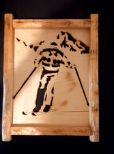 Skier on a Mountain Wood Wall Art in wood frame 12" x 9" handmade