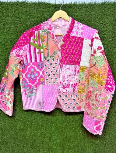 Pink Quilted Cotton Patchwork Jacket Handmade Cotton Jacket Women's Clothing US - Picture 1 of 4
