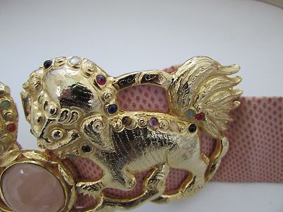 JUDITH LEIBER Pink Snakeskin FOO DOG Belt with Cabochon  display picture 1