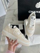 Chanel 24C CC Sport Runner Lace-Up Sneakers Beige White Cotton size EU39