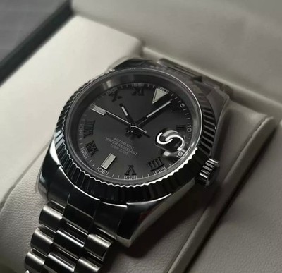 Maßgeschneiderte Automatik Wimbledon schwarzes Zifferblatt geriffelte Lünette 41mm Stahl Datum Uhr