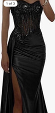 Black Satin Beaded Sequin Strapless Sweethear...