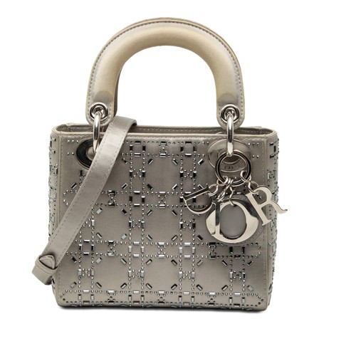 Dior Mini Satin Cannage Crystal Embellished Lady Pre-Loved Satchel Gray