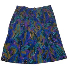 Vintage Abstract Floral Midi Skirt Blue Purple Artsy Workwear Rayon USA Made 18