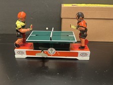 Playing Ping Pong with Key Wind Up Tin Toy Players Table -In Original Box- Works