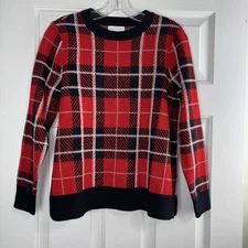 CHARTER CLUB PETITE WOMEN’S SWEATER SIZE PM RED BLACK GOLD PLAID CREWNECK NWT