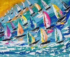 Original Acrylic  Painting - Colourful Sail Regatta On The Ocean Waves 30x20inch