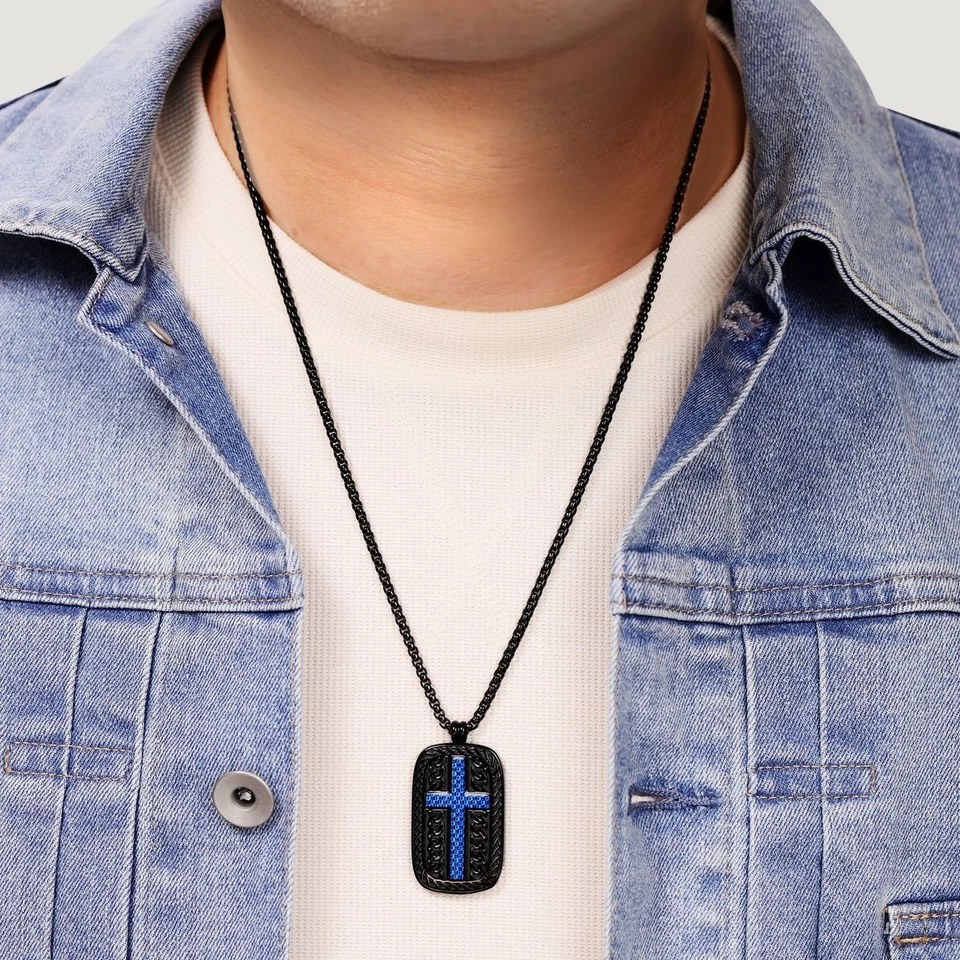 Joyería colgante con etiqueta de cruz enchapada en iones negros y azules - cadena de caja redonda de 24 pulgadas Foto 2 de 4