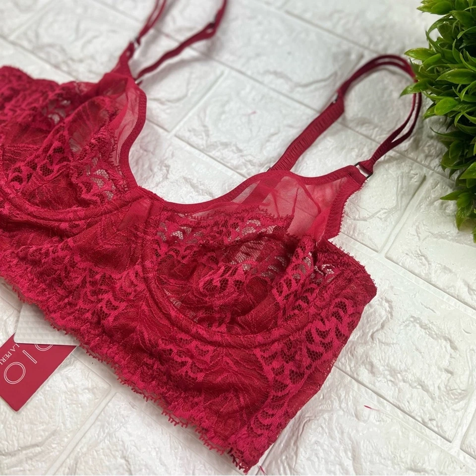NUEVO Sujetador de línea larga con aros Calla de encaje transparente rojo La Perla Studio talla 34B Foto 4 de 4