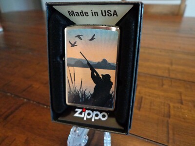 DUCK HUNTER SHOTGUN SUNRISE BRUSH CHROME ZIPPO LIGHTER MINT IN BOX