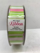 Kirkland Wire Edged Ribbon Green, Pink Stripes 1.5 x 50 yards Sealed brand new