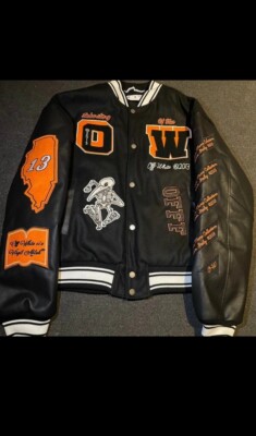 OFF-WHITE GRAPHICS LEATHER VARSITY JACKET NEW MENS BLACK SIZE