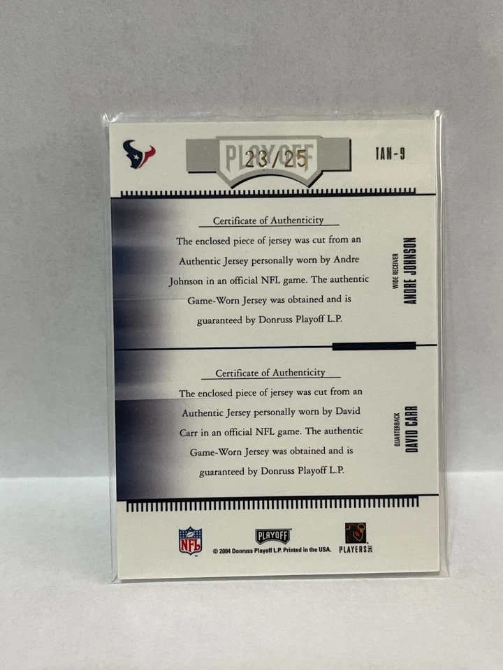 Absolute Team Tandems Material Prime 2004 #TT9 Andre Johnson David Carr #23/25 Foto 2 de 2