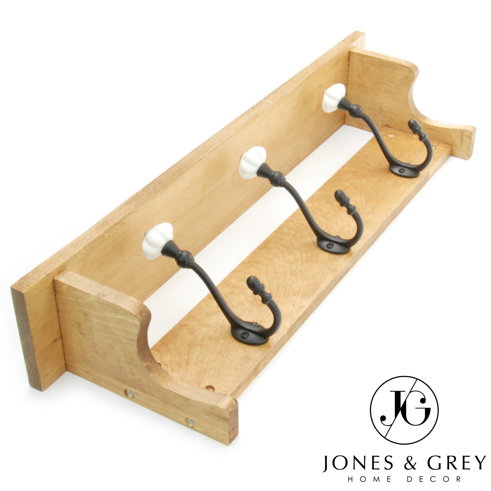 RUSTIC OAK WOODEN HALLWAY WALL MOUNTED COAT RACK WITH SHELF & 3 CAST IRON HOOKS