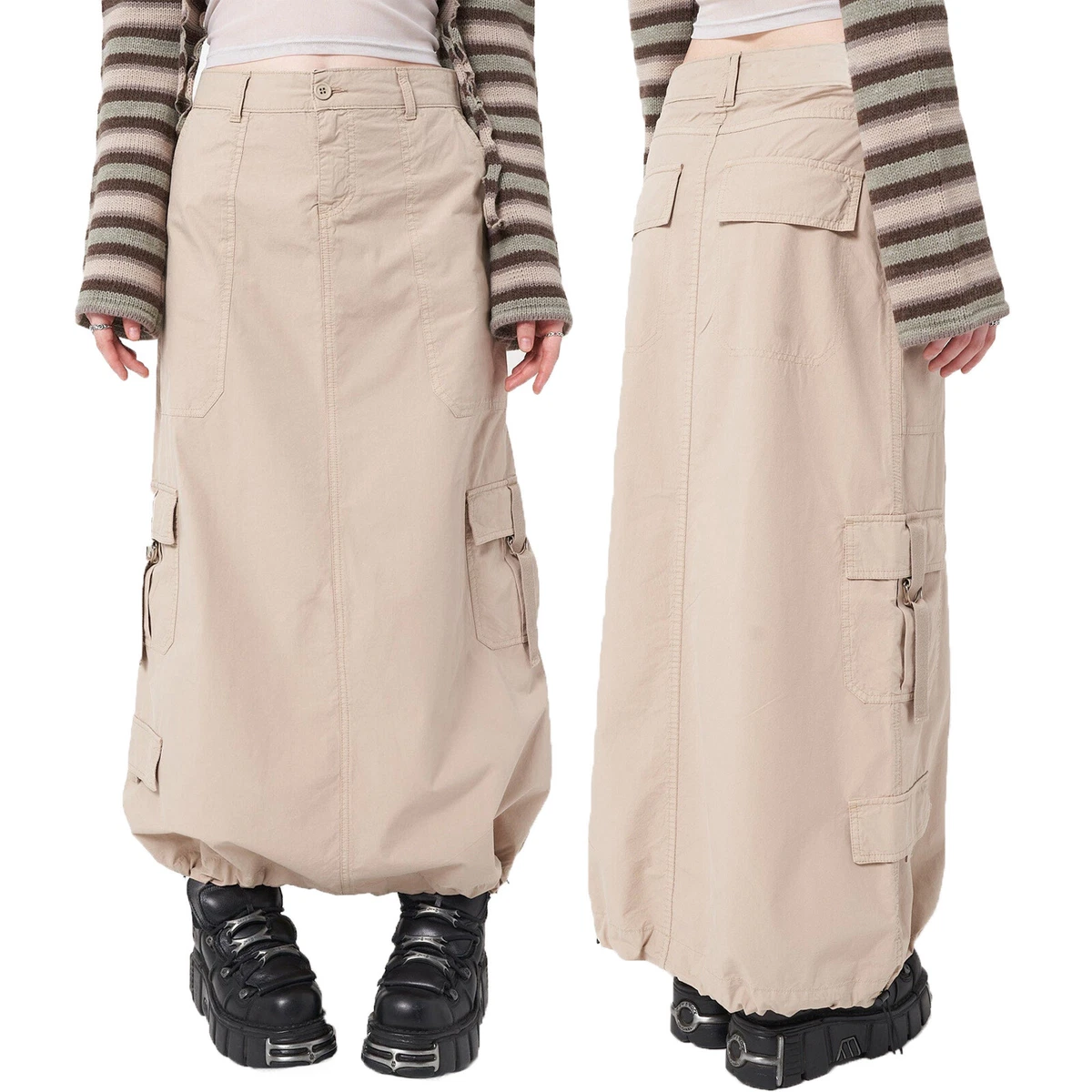 Womens Long Skirt Cargo Multi Pockets Casual Loose Fashion Drawstring Khaki