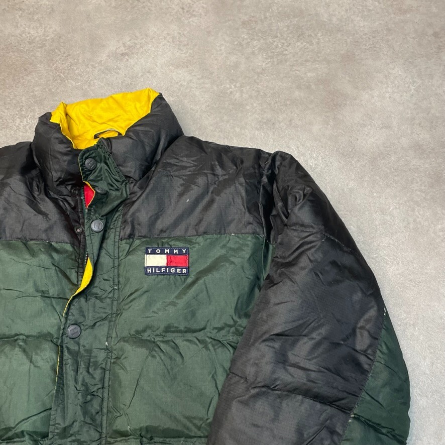 Tommy Hilfiger Puffer Coat Mens XL Vintage Full-Zip Y2K Flag Jacket, Green image 2