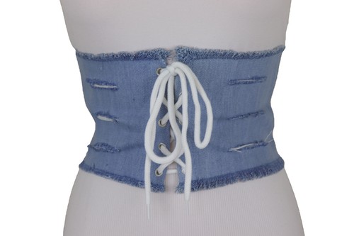 Women Wide Corset Light Blue Color Denim Fabric Fashion Belt Side Stitches Fit S - Picture 1 of 22