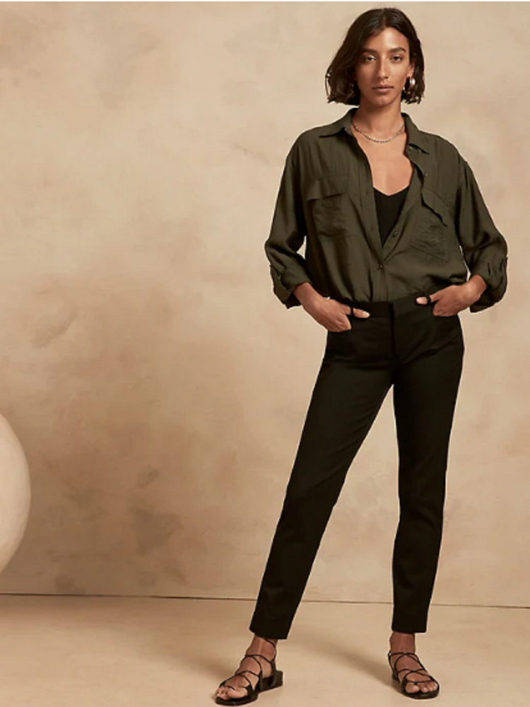 NWT Banana Republic Black Cotton Rayon SLOAN Slim Ankle Length Pants 4P 4 Petite