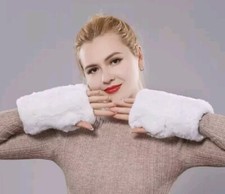 Guanti Senza Dita In Maglia Con Pelliccia Sintetica - Scalda Mani Invernali Da Donna, Bianco, Taglia Media