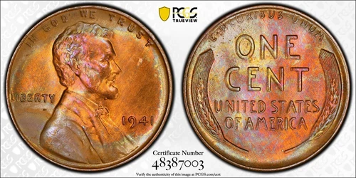 1941 1c Lincoln Wheat Cent PCGS MS 63 RB - Toning