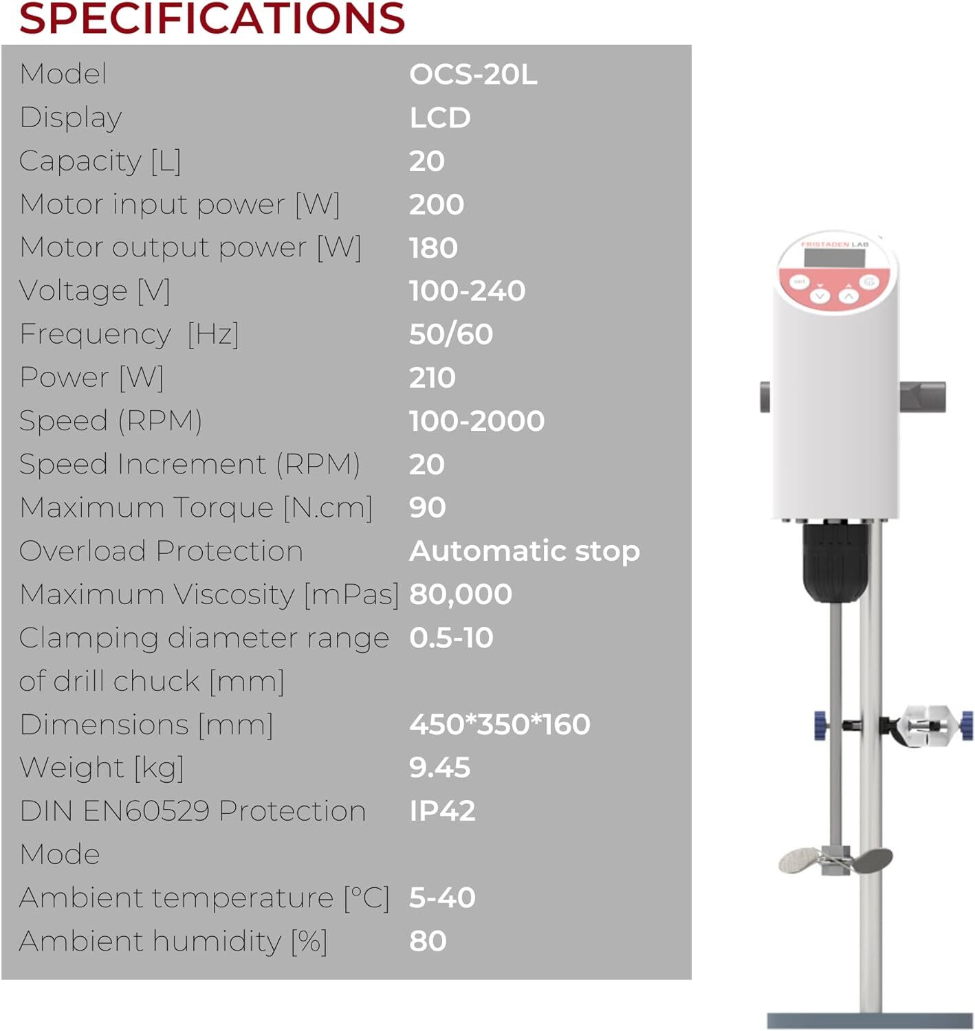 Fristaden Lab 1002000rpm Stirring Speed Digital Overhead Stirrer, 20 Liters Lightbulb Expert