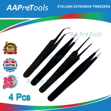 4 Black High Quality Micro Ultra Fine Point Multi Purpose Tweezers Set NEW