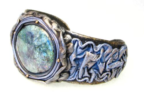 Adjustable Genuine Sculpted Eel Leather Bracelet-Enamel Stone - Picture 2 of 3