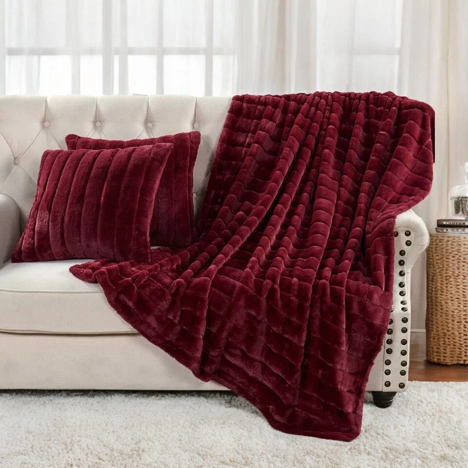 Manta de lujo de piel sintética de conejo con 2 fundas de almohada - diseño a rayas regalos Foto 3 de 4