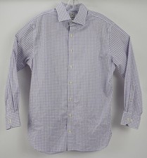 Peter Millar Nanoluxe Men's 16 White Purple Check Spread Collar Button Up Shirt