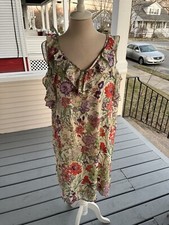 TACERA Floral Chiffon Dress L Beige Multicolored Fully Lined Spring Easter VGUC