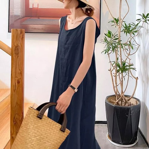 Womens Plain Cotton Linen Sleeveless Dress Ladies Casual Crew Neck Maxi Sundress - Picture 4 of 18