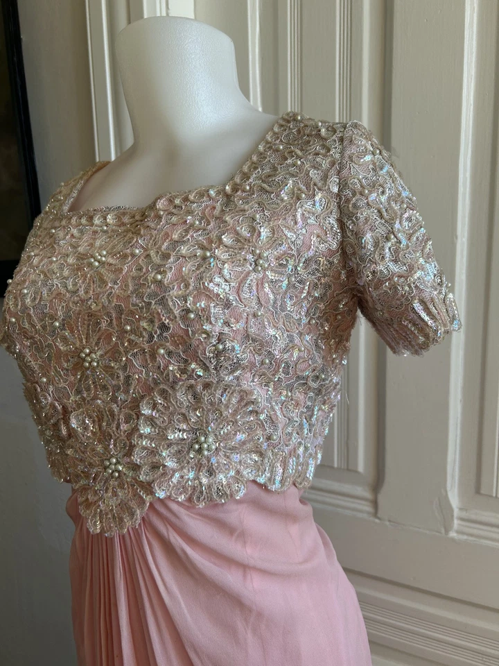Vestido vintage años 60 70 Emma Domb rosa lentejuelas cuentas con capas de gasa talla M Foto 3 de 4