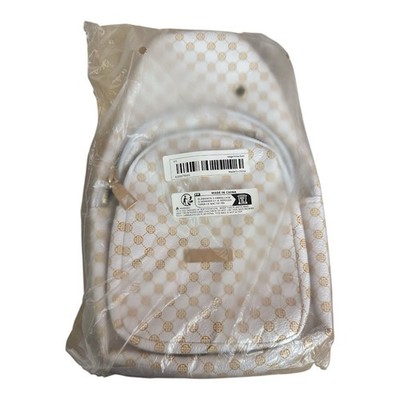 Fashion Sling Bag White w/Gold Geo-Pattern Faux Leather Small Crossbody